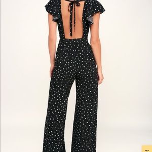 Fine Print Black and White Print Backless Jumpsuit